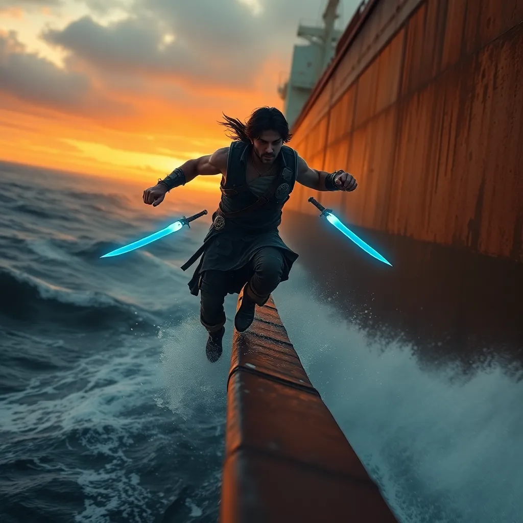 The Prince of Persia wearing a tactical silk vest and glowing blue daggers, wall-running along the side of a massive rusted oil tanker in a stormy sea, orange sunset, cinematic lighting, hyper-realistic water physics