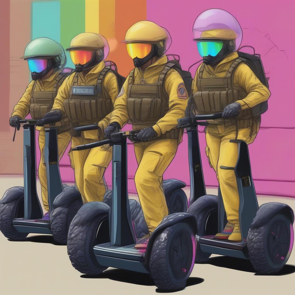 FBI agents in tactical gear riding rainbow-colored Segways through a crime scene, one agent holding a bubble wand instead of a rifle, yellow 'CAUTION: FUN ZONE' tape in the background