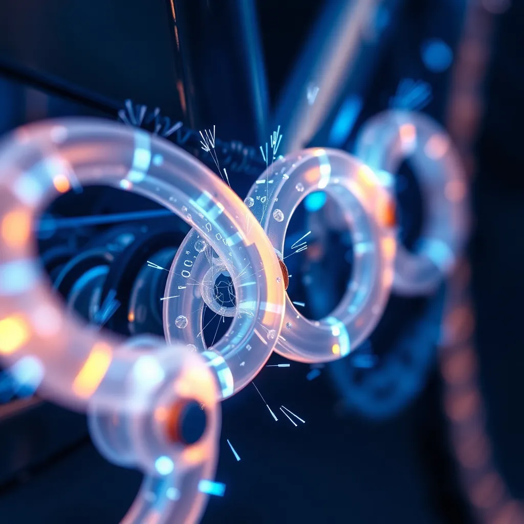 A close up of a futuristic bicycle chain made of translucent glowing polymers, sparks of blue energy, hyper-realistic, macro photography