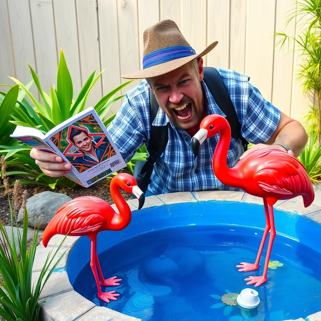 A furious tourist shaking a brochure while pointing at a tiny backyard pond painted bright blue with visible brushstrokes, a plastic flamingo wearing sunglasses floating nearby
