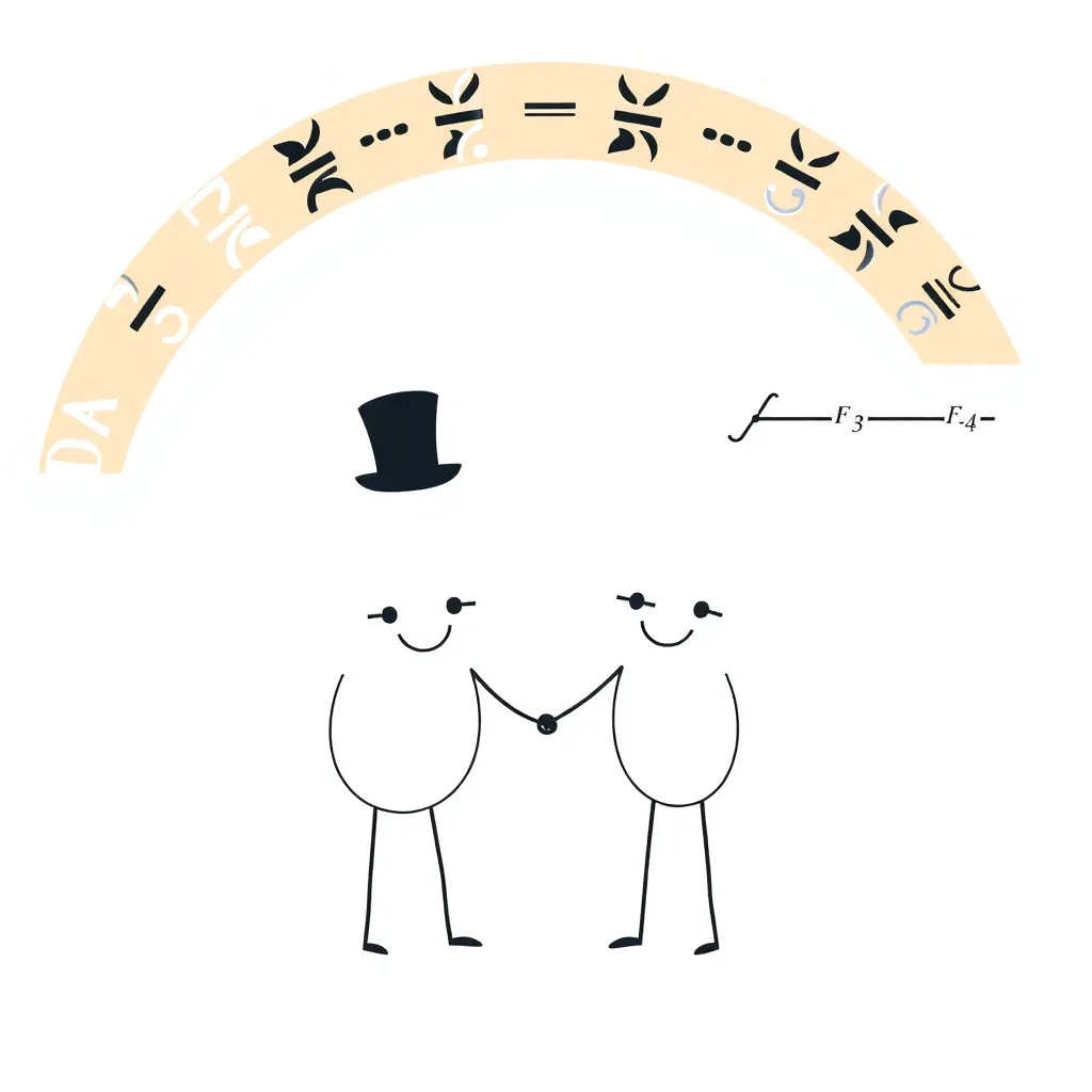 Two anthropomorphic sine and cosine waves holding hands under a rainbow made of integral signs, one wave wearing a tiny top hat, both looking smugly at a frowning straight line graph