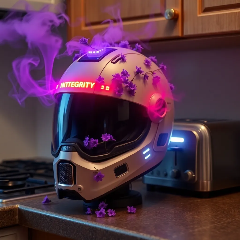 futuristic helmet emitting purple smoke and tiny lavender flowers, covered in blinking 'prompt integrity' status lights, sitting on a kitchen counter next to a confused-looking toaster