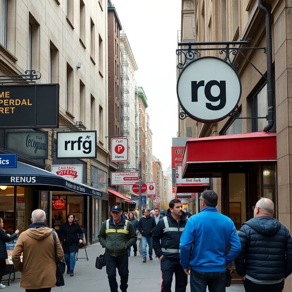 city street with public signs and storefront menus misspelled after removal of rg, pedestrians looking confused, official workers replacing letters on signs, absurd linguistic crisis in an everyday urban setting, detailed realistic comedy scene