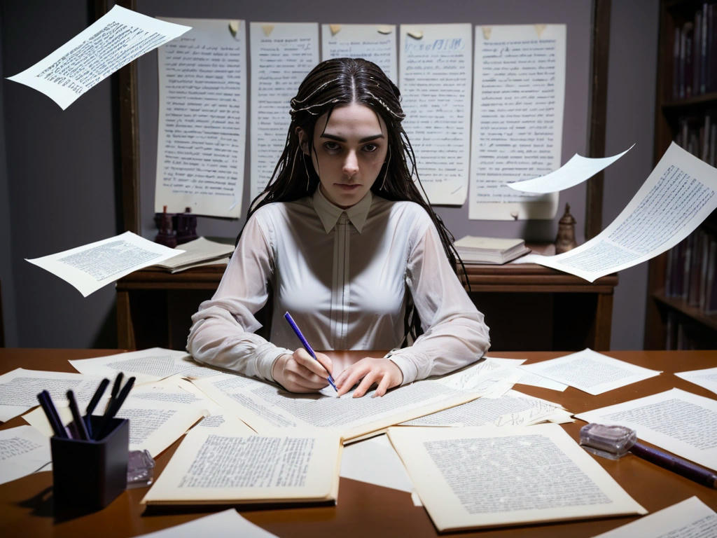 Elara sitting at a desk, pen in hand, with pages of her writing floating around her, as the background shifts and changes, reflecting the alterations in reality