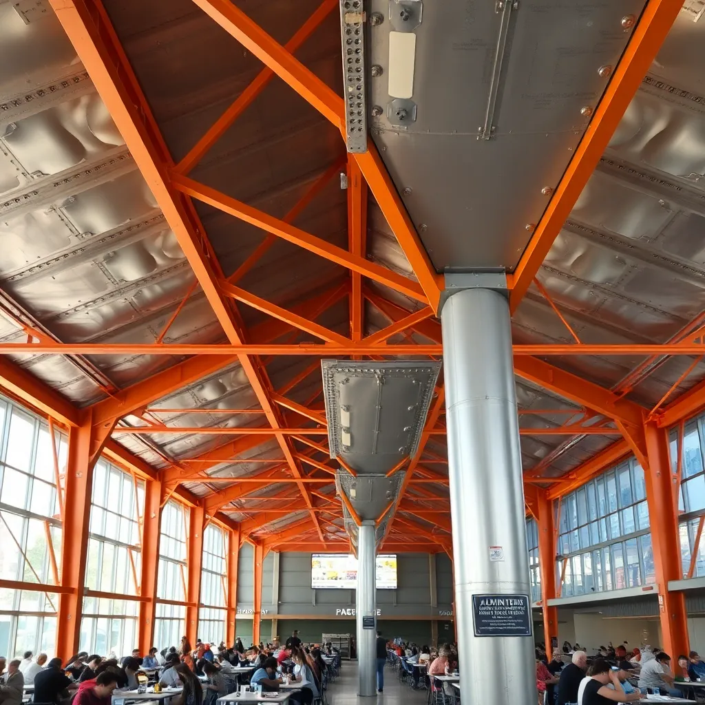 Kush Arena construction detail—orange steel and recycled jet aluminum