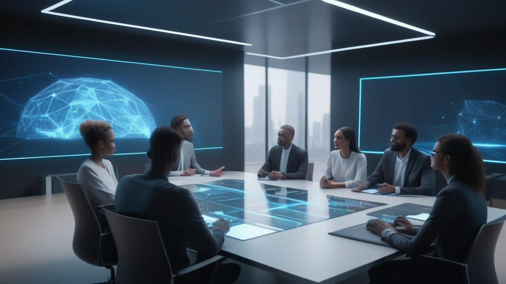 diverse group of people discussing AI ethics, modern conference room, holographic displays, inclusive environment, photorealistic, ultra-high definition, balanced lighting