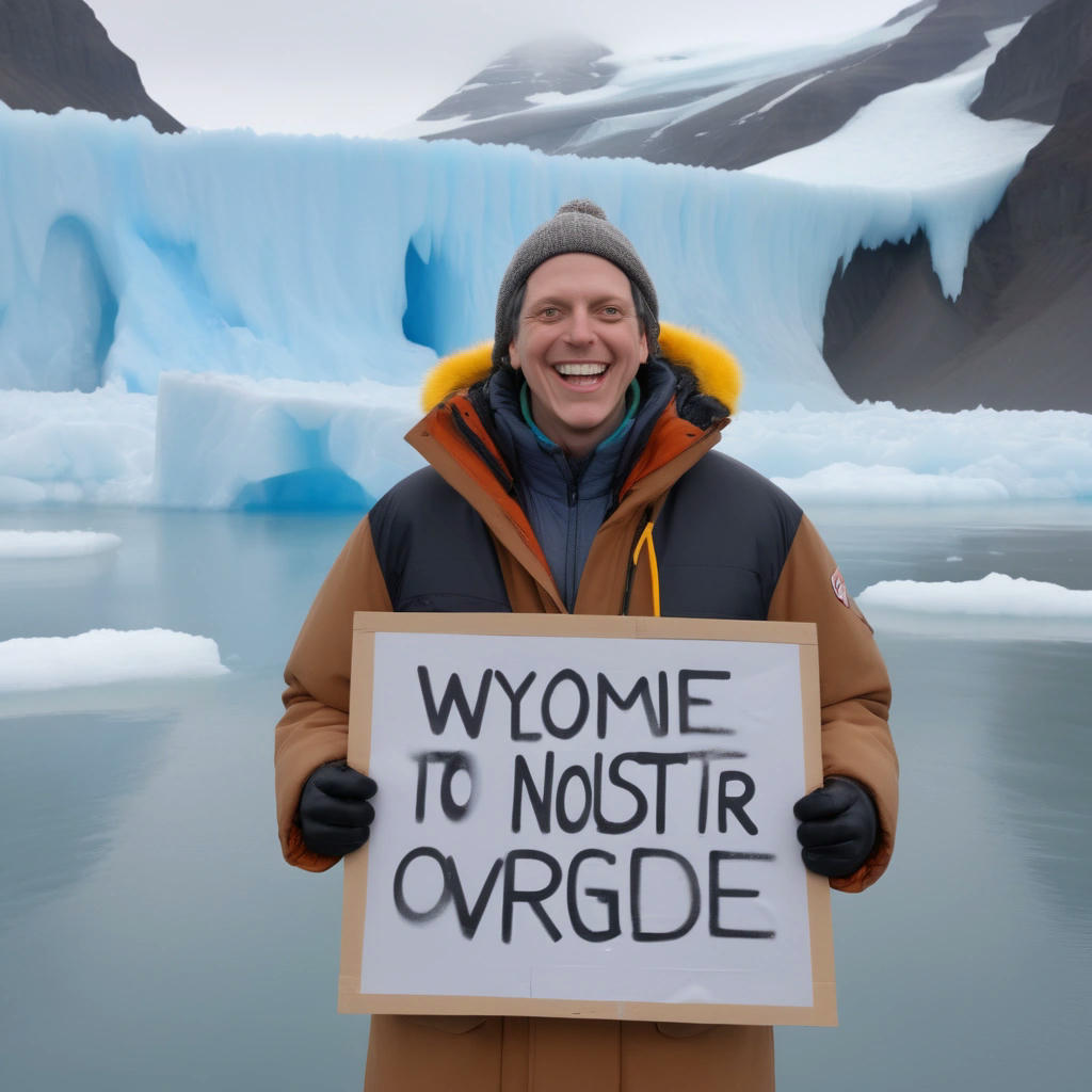 Dr. Warming-Denialson, proudly holding a 'Climate Change is a Hoax' sign, standing in front of a melting glacier.