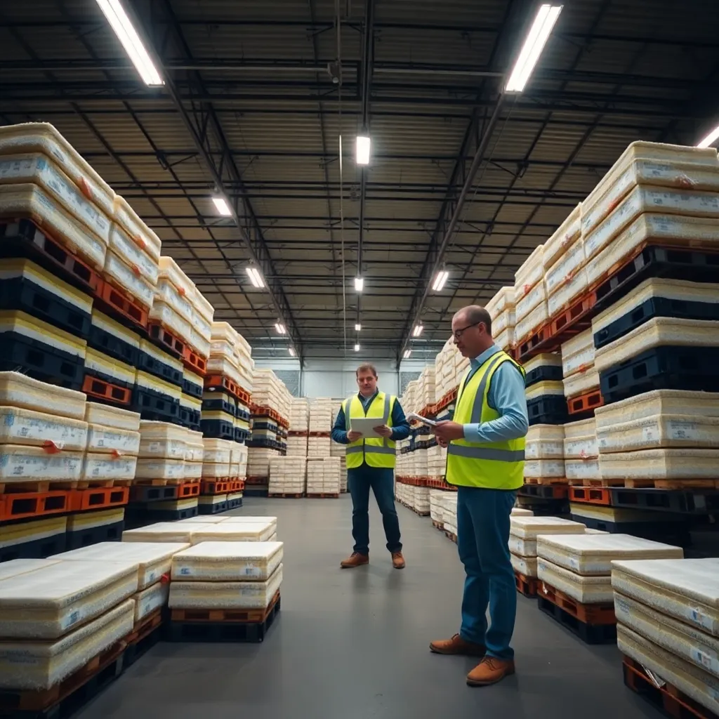 A wide-angle shot of a vast warehouse filled with neatly stacked crates of industrial-grade sponges, fluorescent overhead lighting, a lone worker in a high-visibility vest checking a clipboard, industrial documentary style.