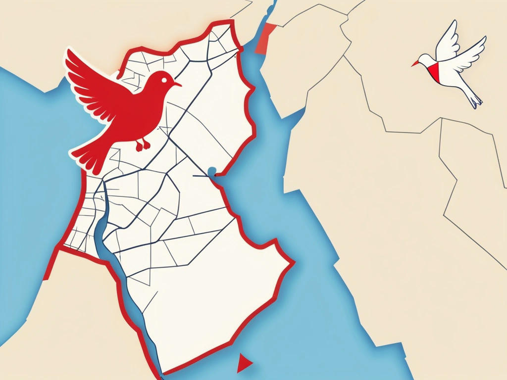 a map of Palestine with a red line symbolizing conflict, and a white dove flying above it, representing peace