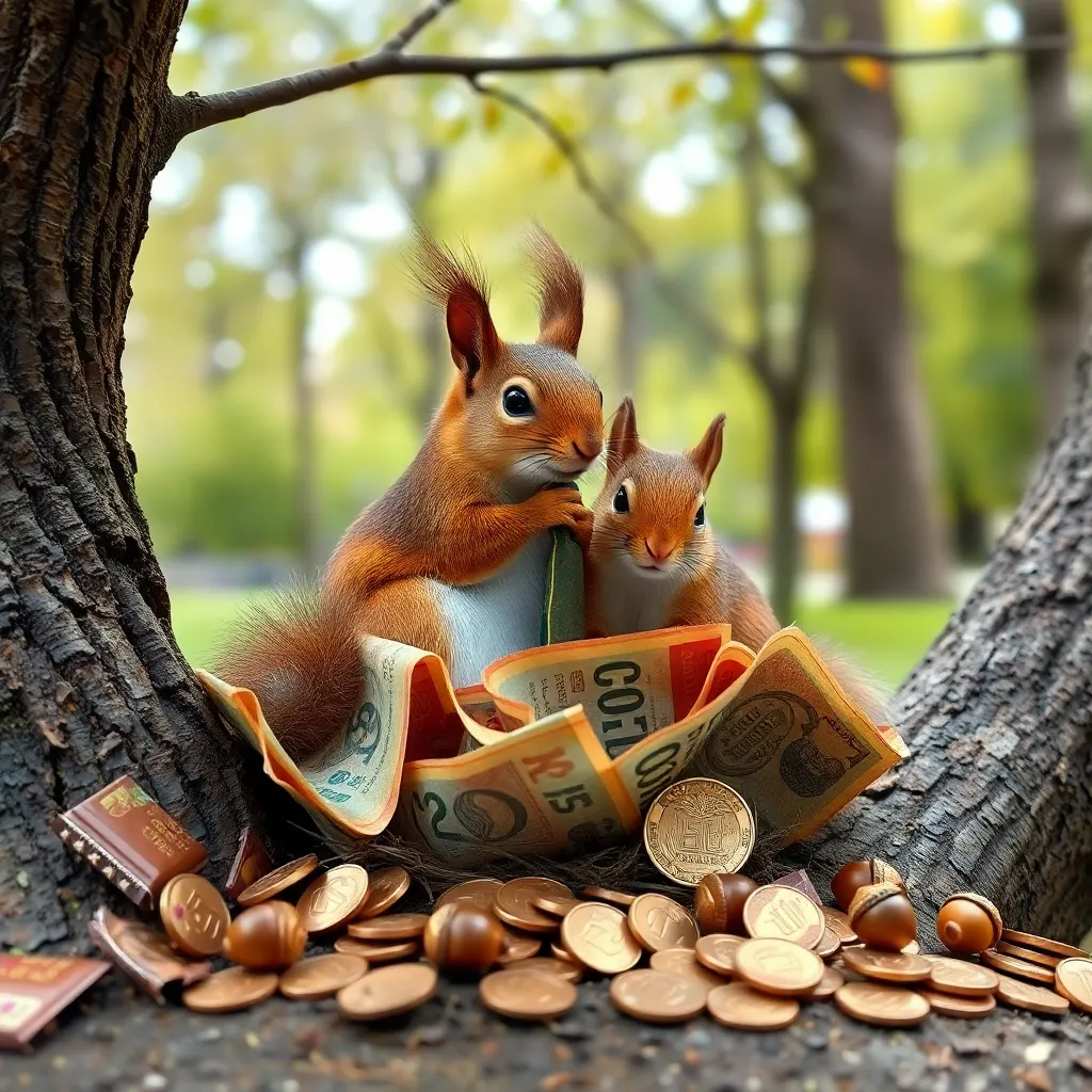 squirrels building a nest from chocolate banknotes in a Kyiv park tree, tiny acorn coins scattered around, one squirrel wearing a miniature tie