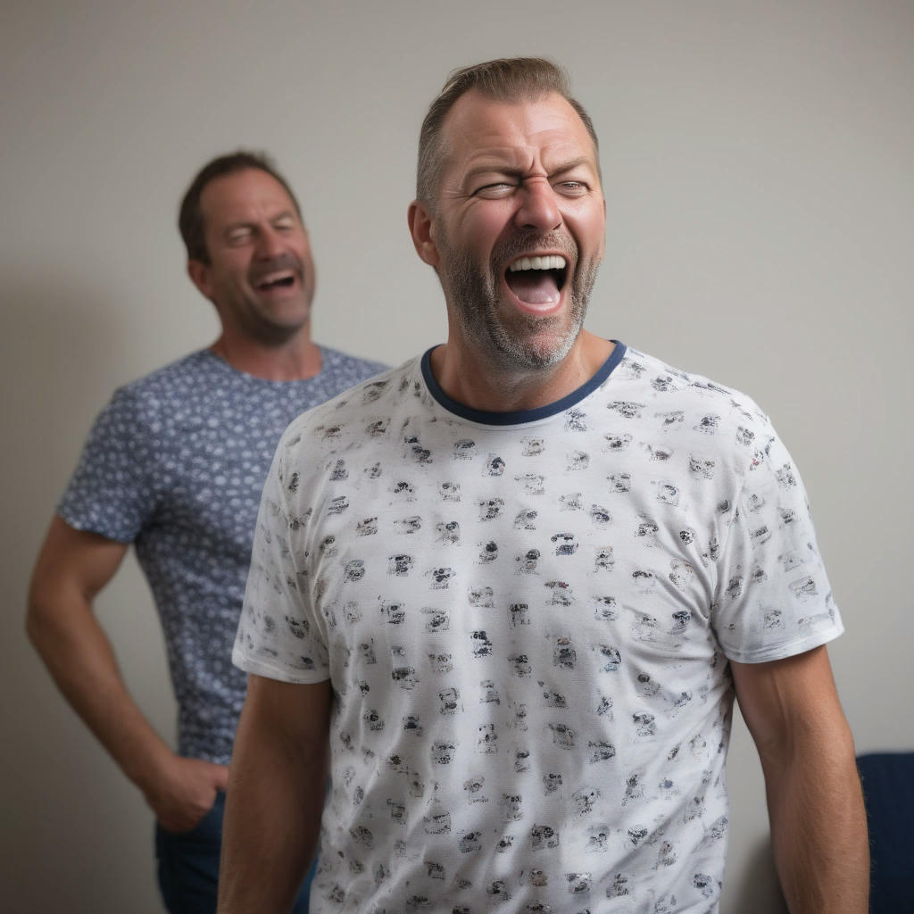 A photo of Karl wearing the embarrassing shirt, looking sheepish and embarrassed, with Vinnie laughing in the background, high-quality, 4k, natural lighting, shallow depth of field, by Peter Hurley