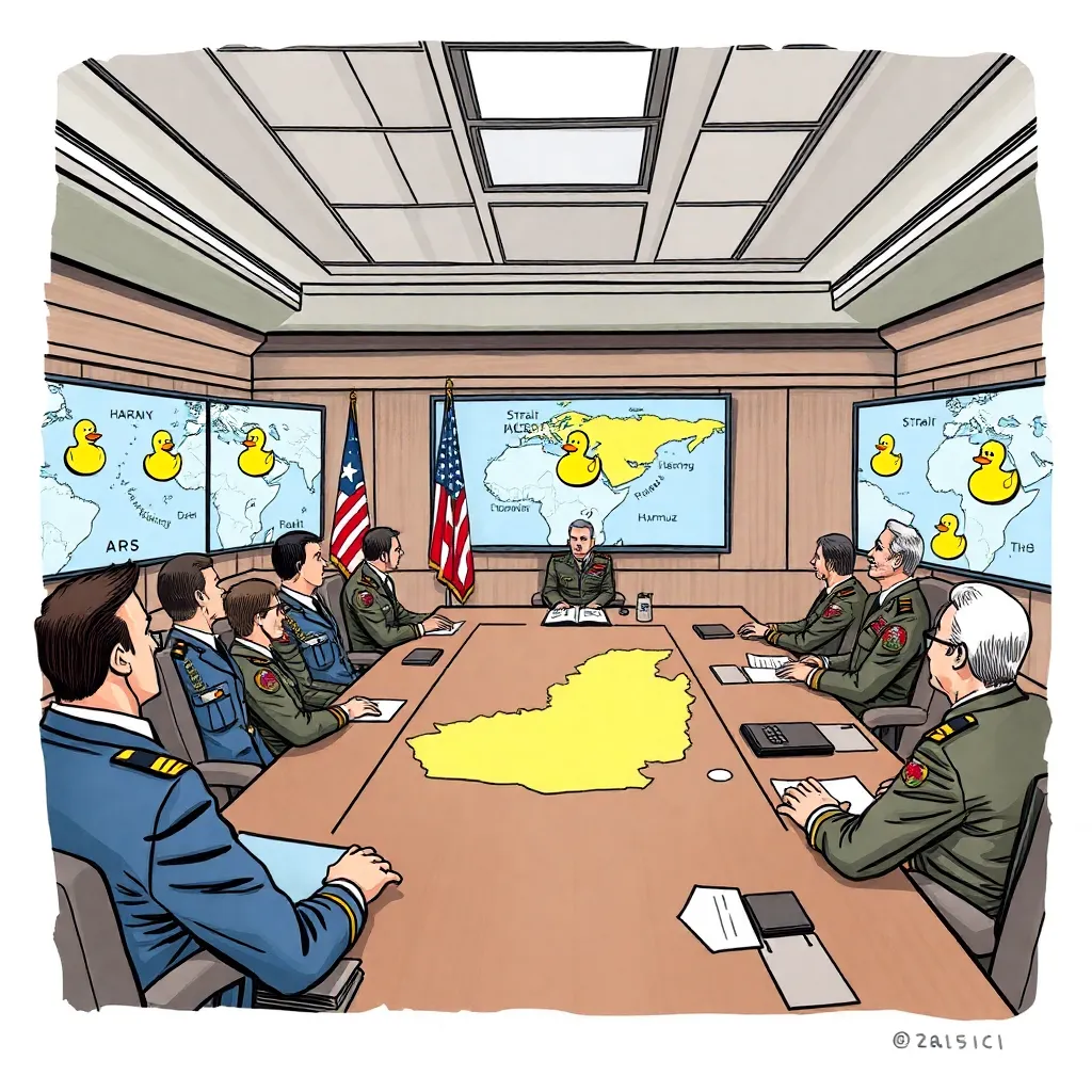 a war room with generals, admirals, maps of the Strait of Hormuz, and screens displaying rubber duck icons as military targets, intense strategic planning scene, realistic but absurd, polished newsroom illustration style