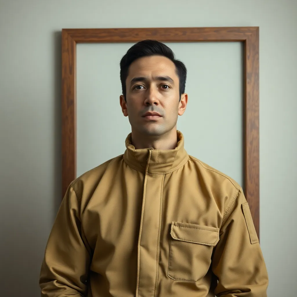 A clean, official government portrait of a man in a beige futuristic jumpsuit, looking tired and professional, framed in a simple wooden frame against a neutral office wall, documentary style.