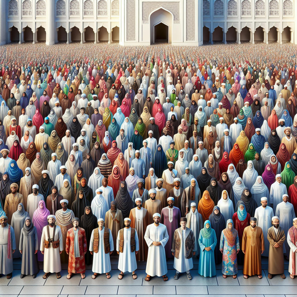 A diverse group of Muslims from different cultural backgrounds standing together in solidarity, wearing traditional clothing, with a backdrop of a peaceful mosque, high detail, vibrant colors, unity and diversity theme