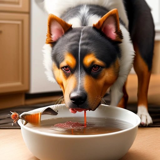 Dog mom adding beef broth to dog's bowl, cockroaches running away