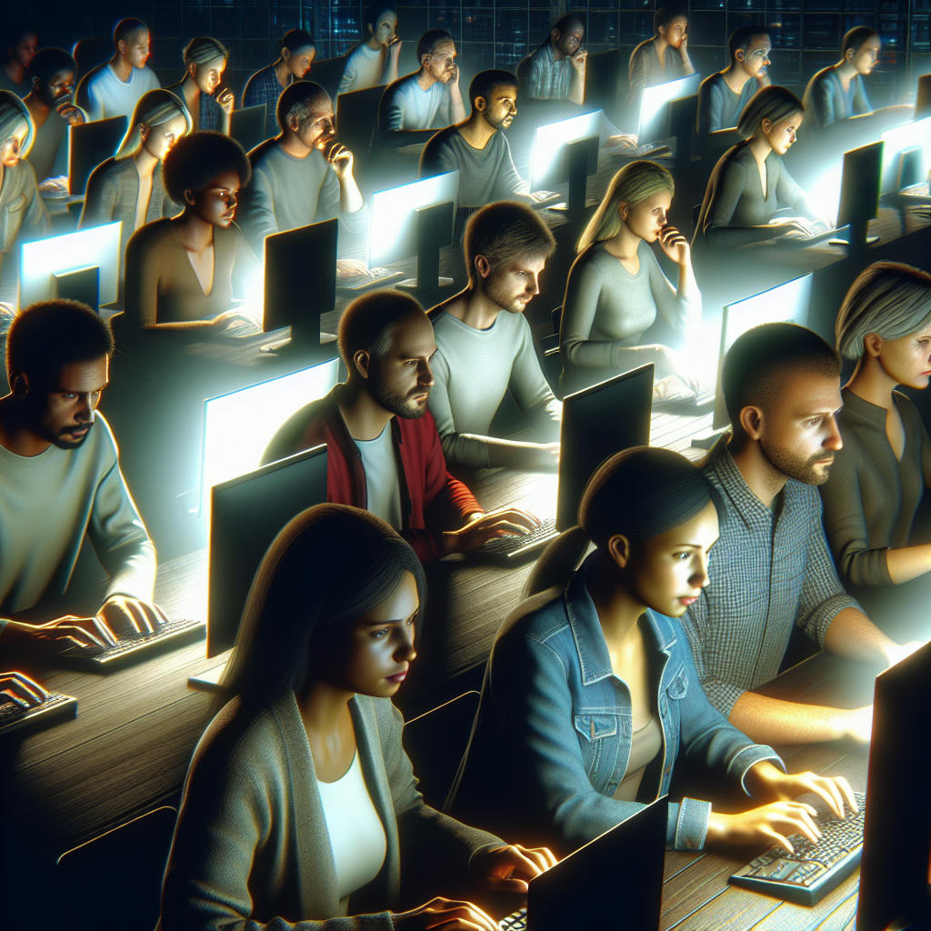 a dimly lit internet café with people typing on their keyboards, screens glowing, a sense of connection and storytelling in the air, high quality, atmospheric, detailed, realistic