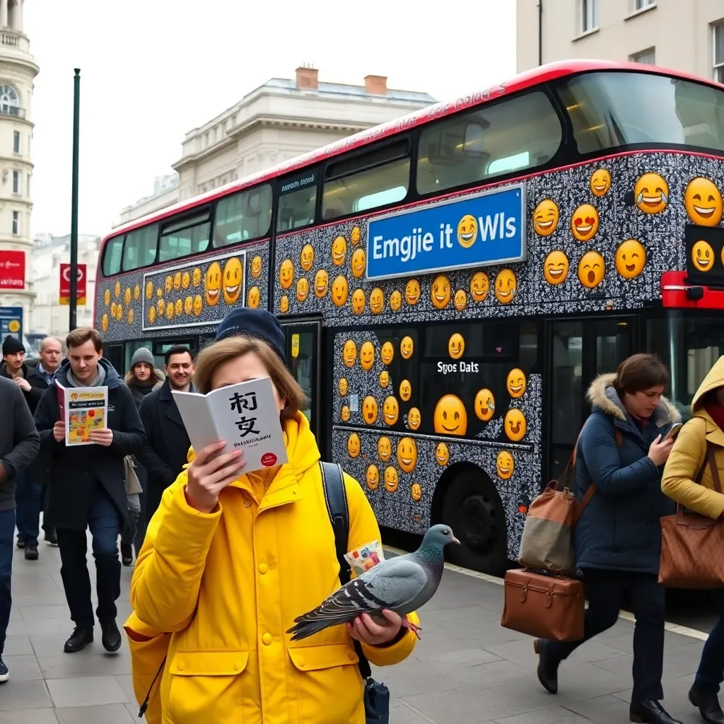 London street scene with confused pedestrians holding emoji-only maps, one person frantically showing '🆘' to a pigeon, bus displaying route '🚇➡️🔥🍑➡️🚨', double-decker bus covered in glittering emoji stickers