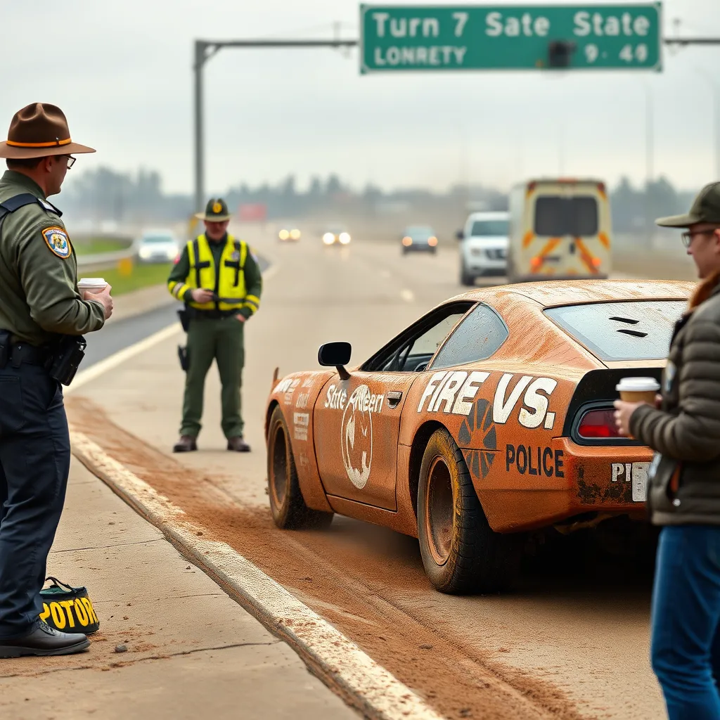 Ohio state troopers on an interstate shoulder staring in disbelief at a muddy super late model dirt race car idling near patrol cars, clay dust coating everything, commuters holding coffee cups, humorous realistic photojournalism style