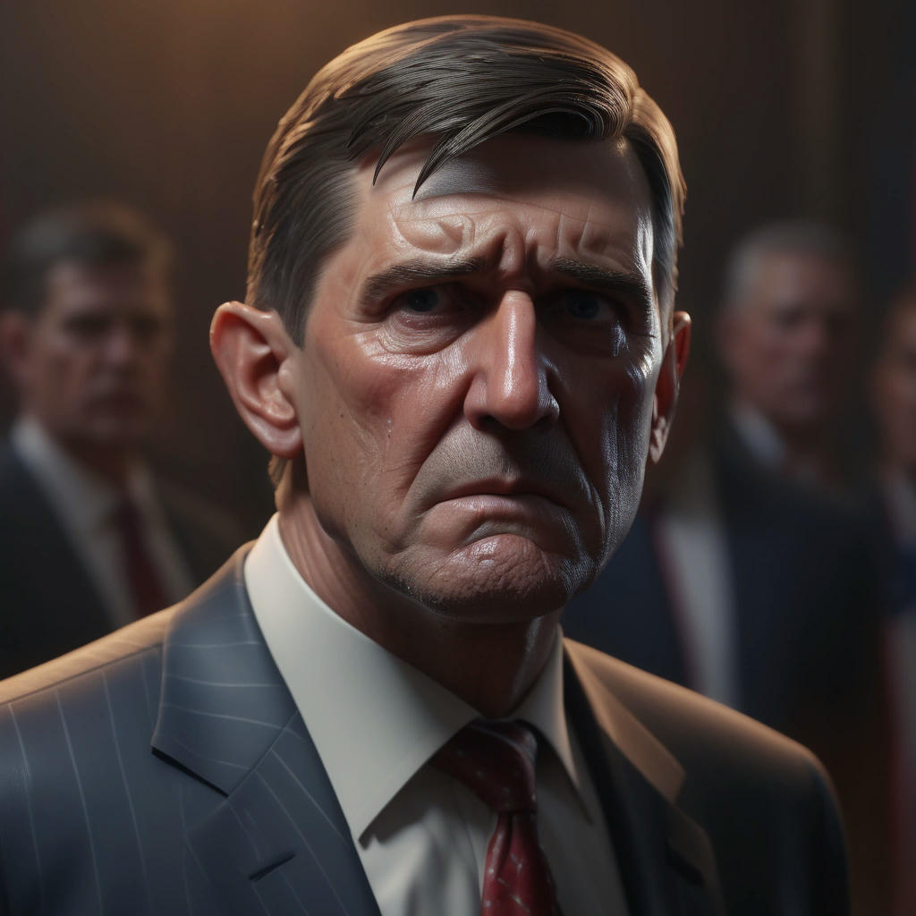 A detailed illustration of Flynn's guilty plea, with a faint image of Trump's face in the background, looking worried and anxious, high detail, realistic, 4k, cinematic lighting, trending on artstation