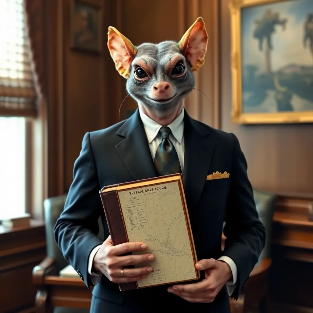 A formal portrait of a Gremlin Liaison Officer in a dark suit, holding a leather-bound volume of terrestrial charts, standing in a wood-paneled government office, dignified and somber