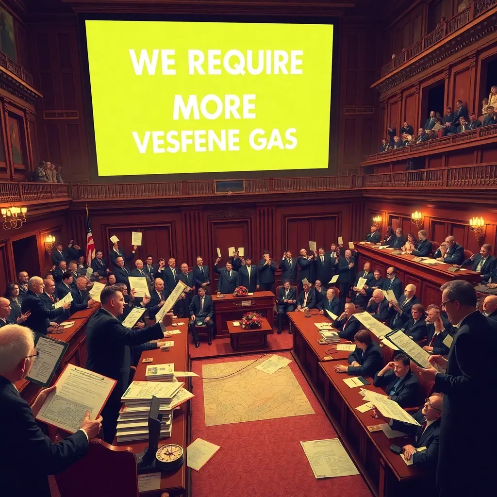 a grand parliamentary chamber in chaos over a bizarre energy shortage, politicians waving glowing charts, piles of maps and clipboards, one giant screen reading 'WE REQUIRE MORE VESPENE GAS', theatrical expressions, detailed satirical realism
