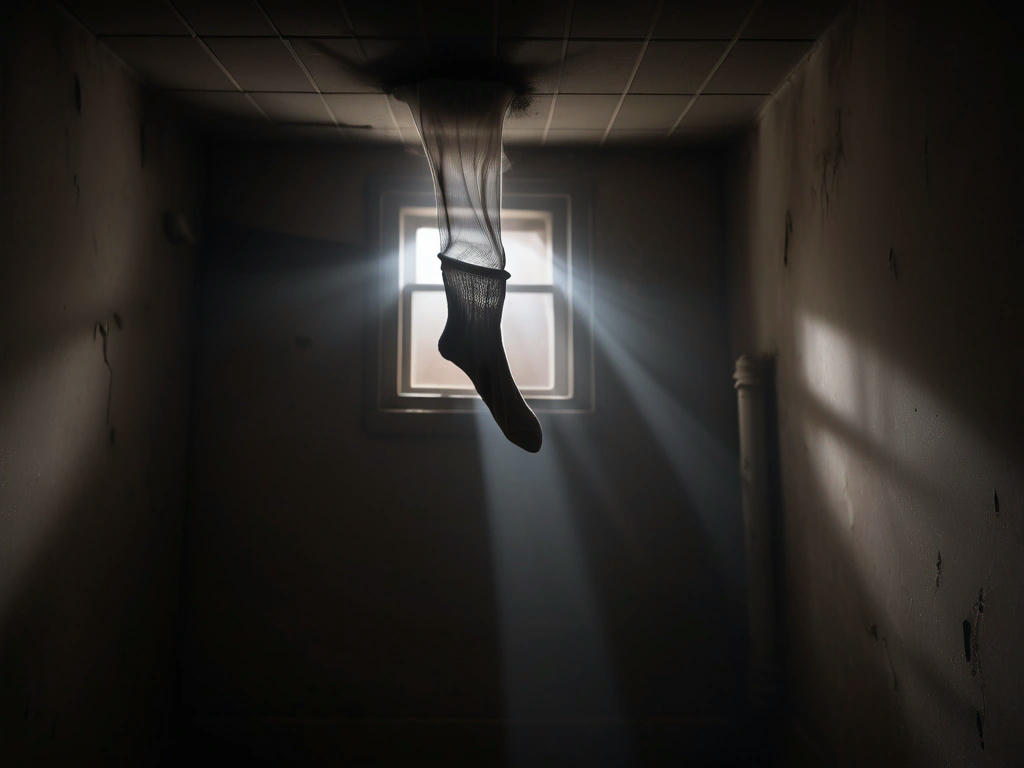 a lone sock making its way through a dark and dusty air vent, with cobwebs clinging to its fabric