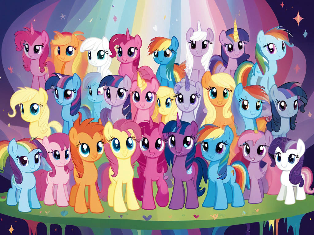 colorful My Little Pony characters in a magical land, each displaying unique traits and personalities