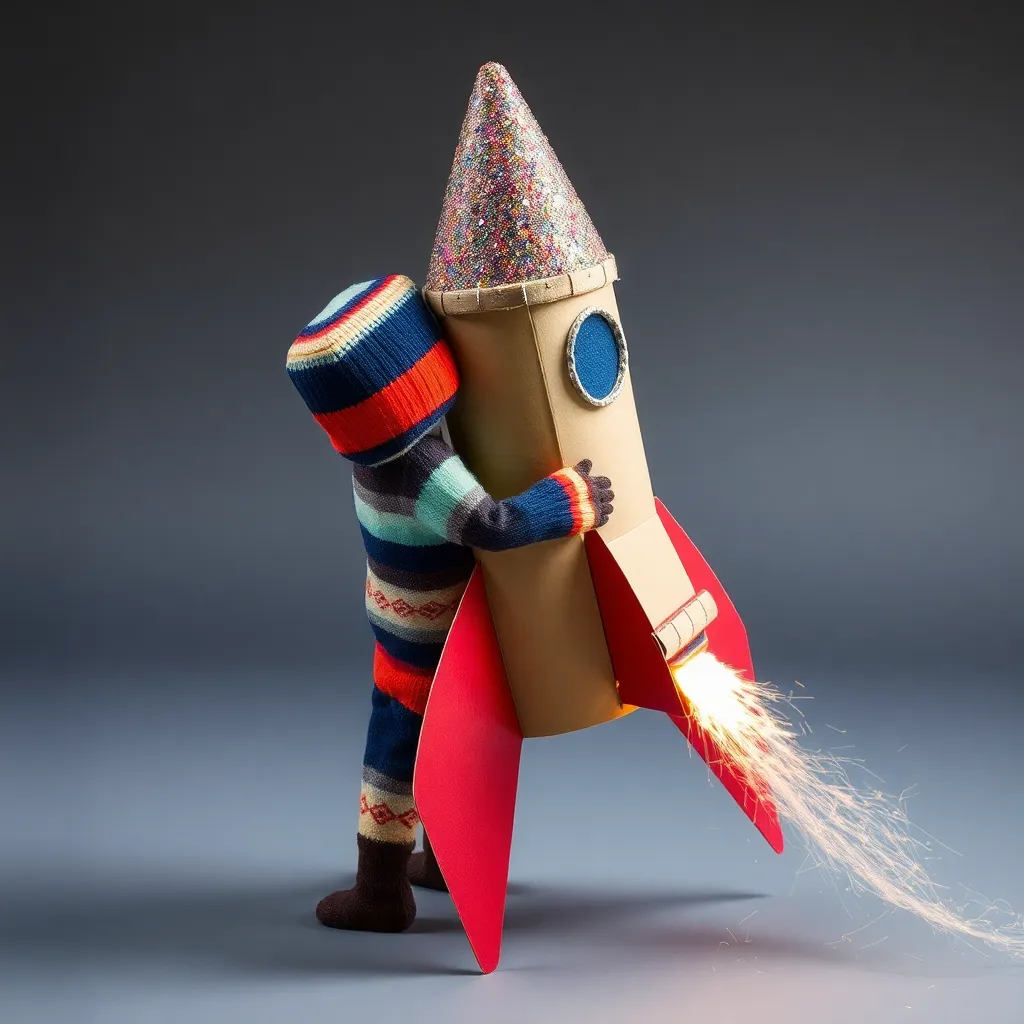 A whimsical rocket ship made of cardboard and glitter, with a person in a mismatched sock suit attempting to launch it