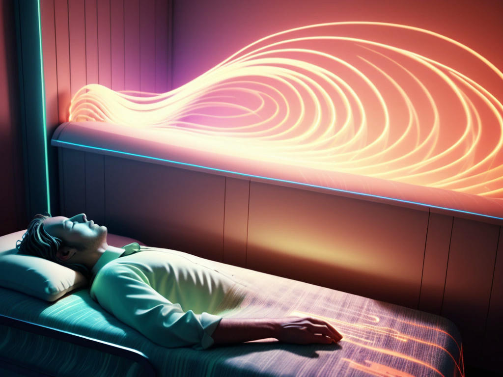 a surreal ad campaign image of a person sleeping peacefully next to a glowing, noisy server, exaggerated sound waves curling around them like a blanket, a sarcastic tagline reading 'Embrace the Roar'