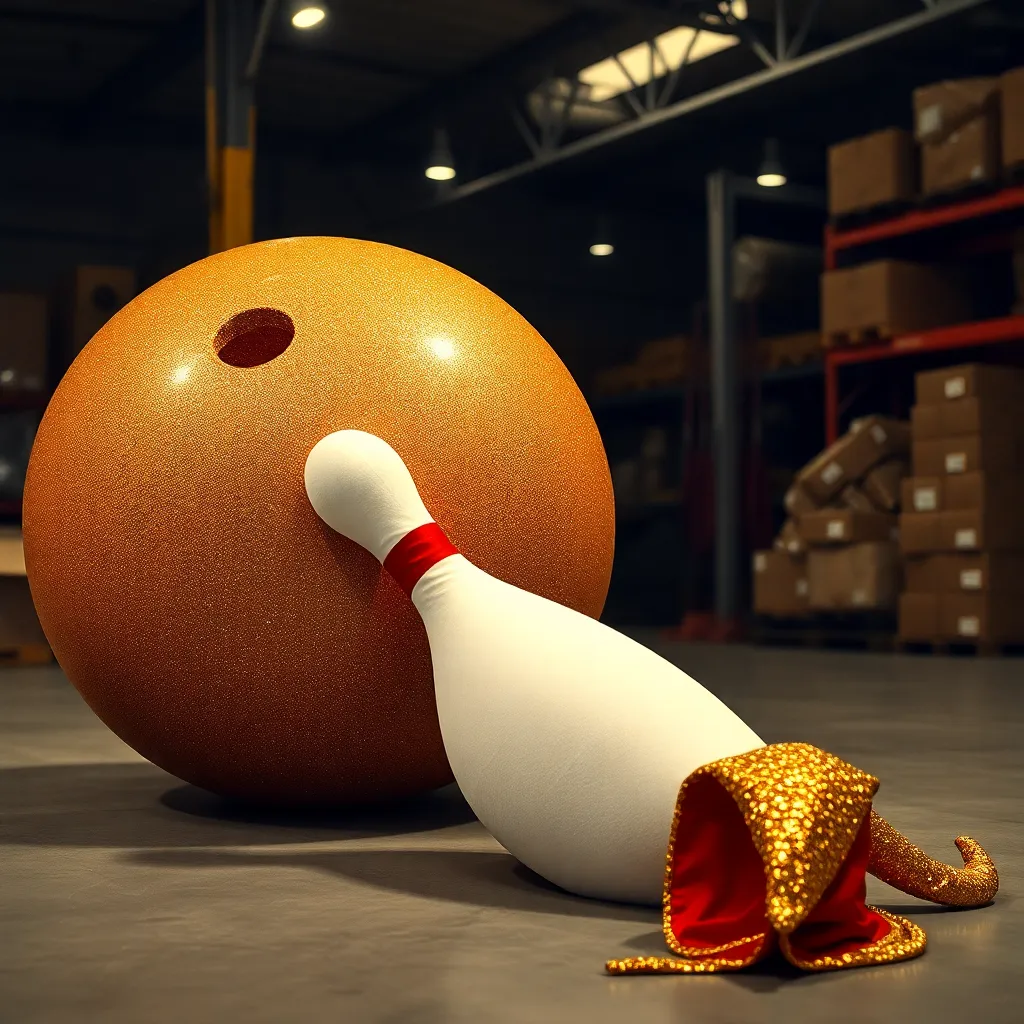 a comically small foam 'bowling pin' costume lying on its side next to a giant glittery golden bowling ball, with a single discarded glittery elf hat nearby, in a dimly lit warehouse
