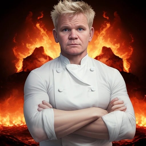 Gordon Ramsay triumphantly standing in Hell's Kitchen