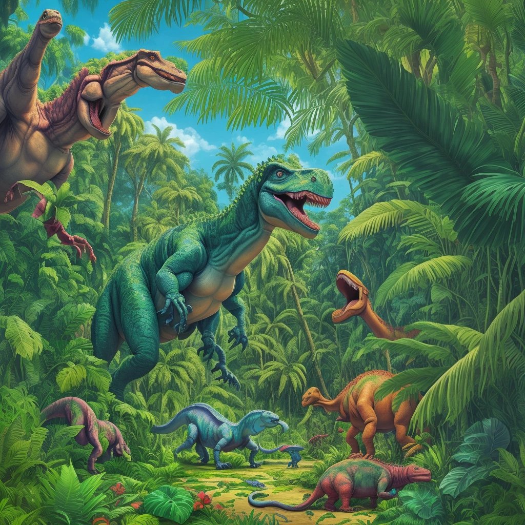 Living dinosaurs in a tropical jungle