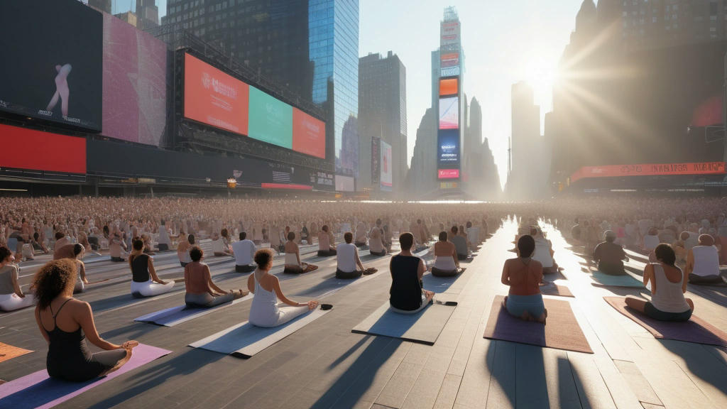 A large group of people practicing yoga in Times Square during the summer solstice, with the sun shining brightly, high quality, extremely detailed, 8k resolution, photorealistic