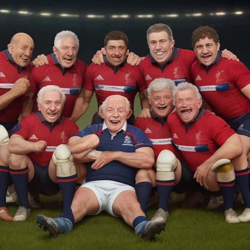 Elderly rugby player celebrating with younger team members