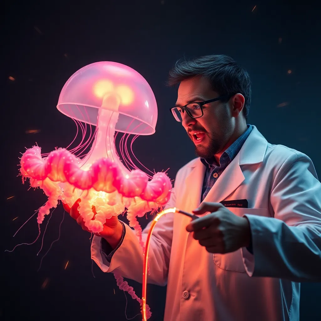 A frantic IT technician in a lab coat trying to plug a glowing fiber optic cable into a giant floating jellyfish that represents a new gender category, digital sparks flying everywhere