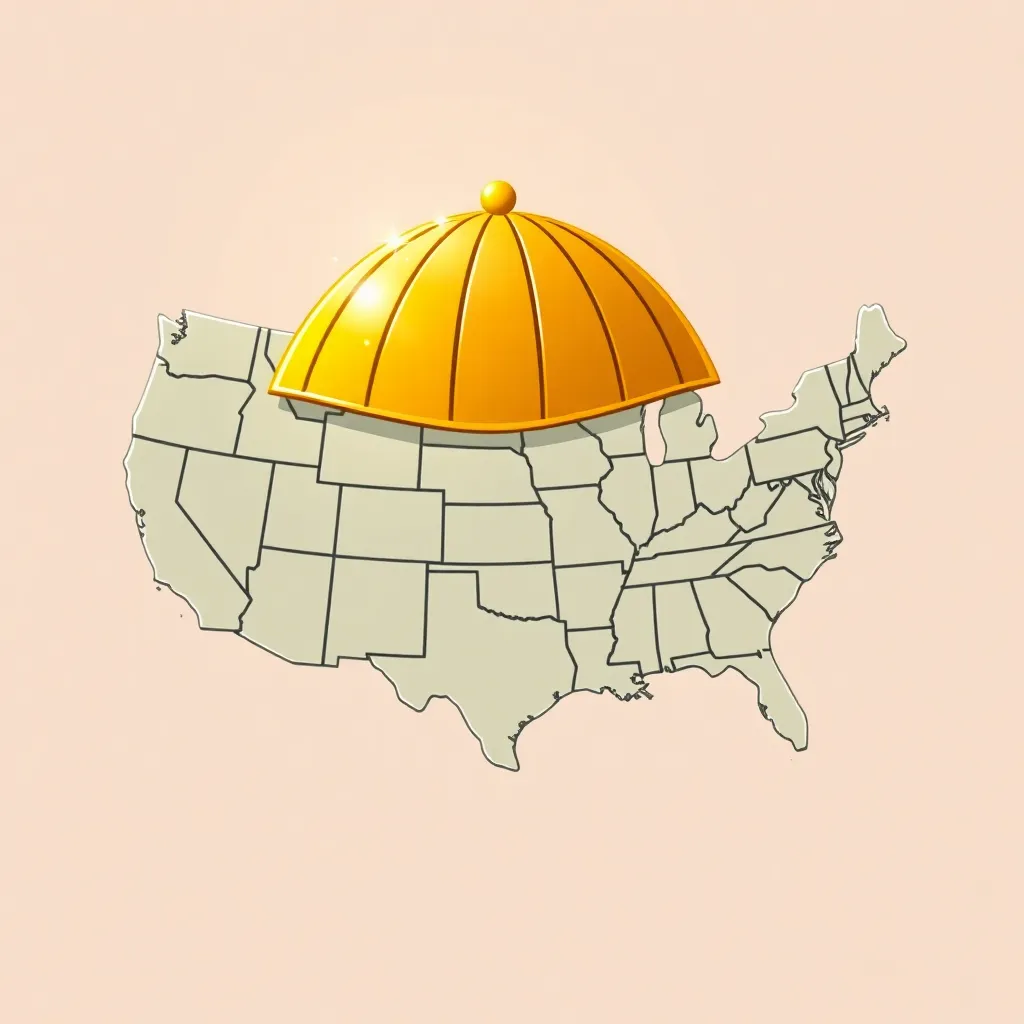A cartoonish map of the United States with a giant golden dome covering the entire country, with exaggerated sparkles and glimmers