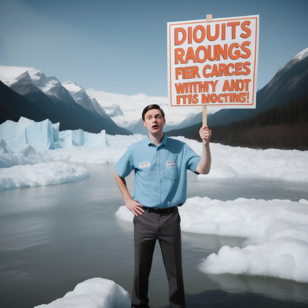 A person holding a sign that reads 'CCIR: Climate Change Isn't Real' amidst a backdrop of rising temperatures and extreme weather events.