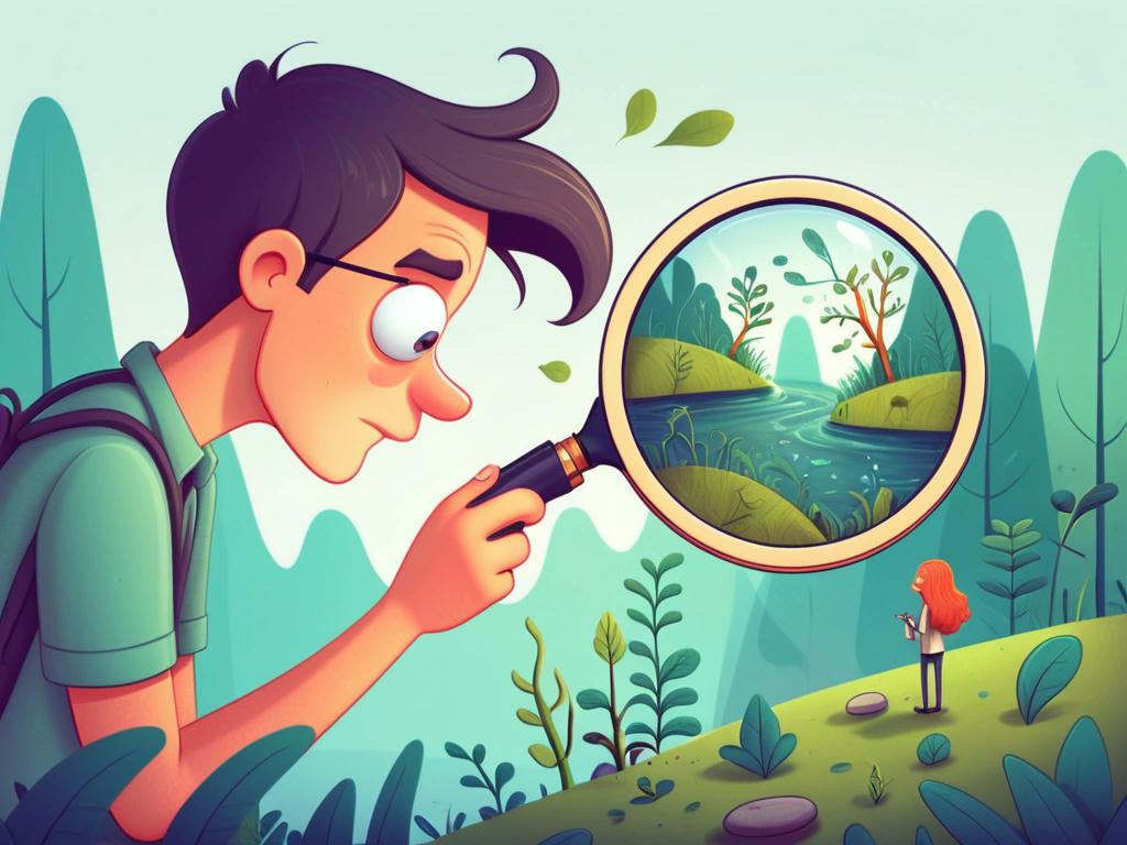 An illustration of a person looking at their hair with a magnifying glass, discovering a tiny ecosystem, cartoon style, humorous