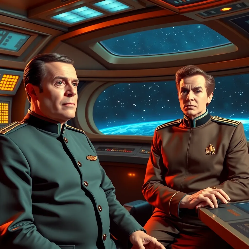 a glamorous starship bridge crew in absurdly polished retro-future uniforms, one captain giving a stirring speech, a skeptical first officer with dramatic eyebrows, blinking consoles, panoramic stars outside, colorful comedic sci-fi grandeur