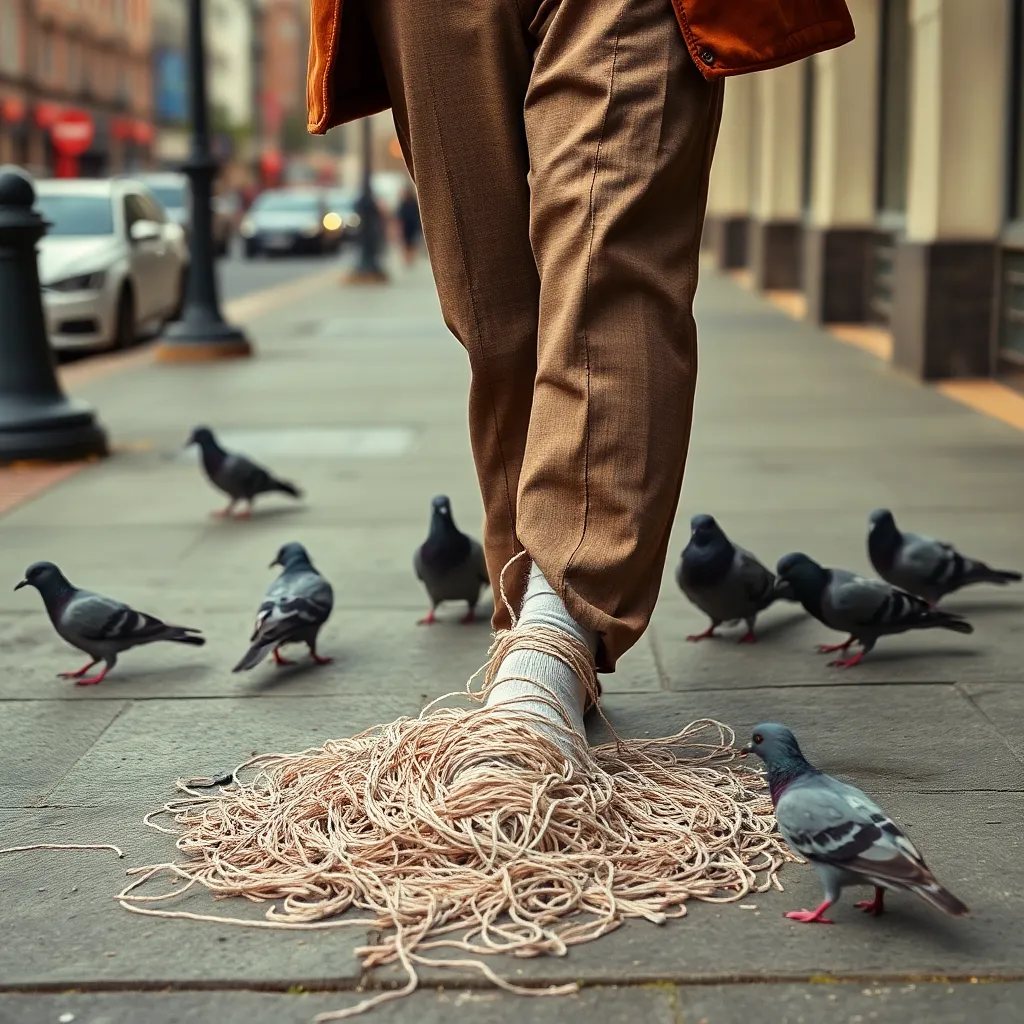 A man's trousers completely unraveling into a pile of loose threads on a city sidewalk, only one sock and a single thread remaining attached to his ankle, confused pigeons pecking at the threads