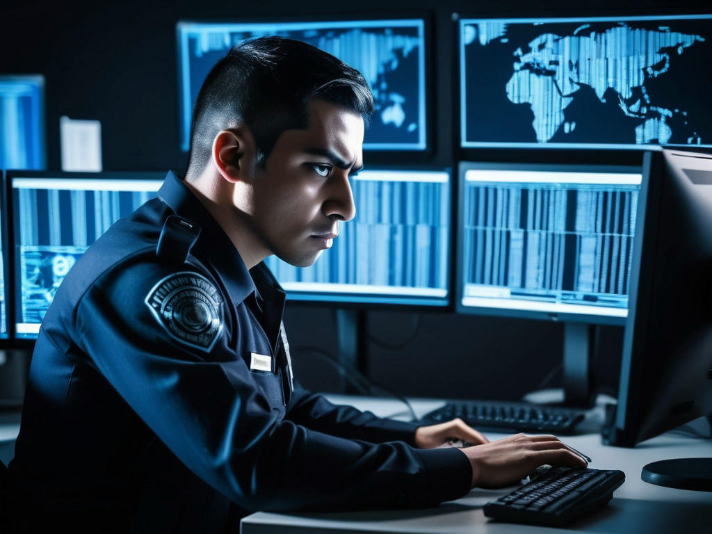 a police officer in a cybercrime unit, staring at a computer screen displaying lines of code