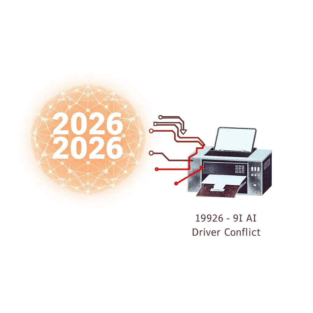 A technical diagram showing a glowing, complex neural network representing '2026 AI' attempting to connect to a rusty, 1990s-style printer icon via a jagged, broken red line labeled 'Driver Conflict', professional white paper background.