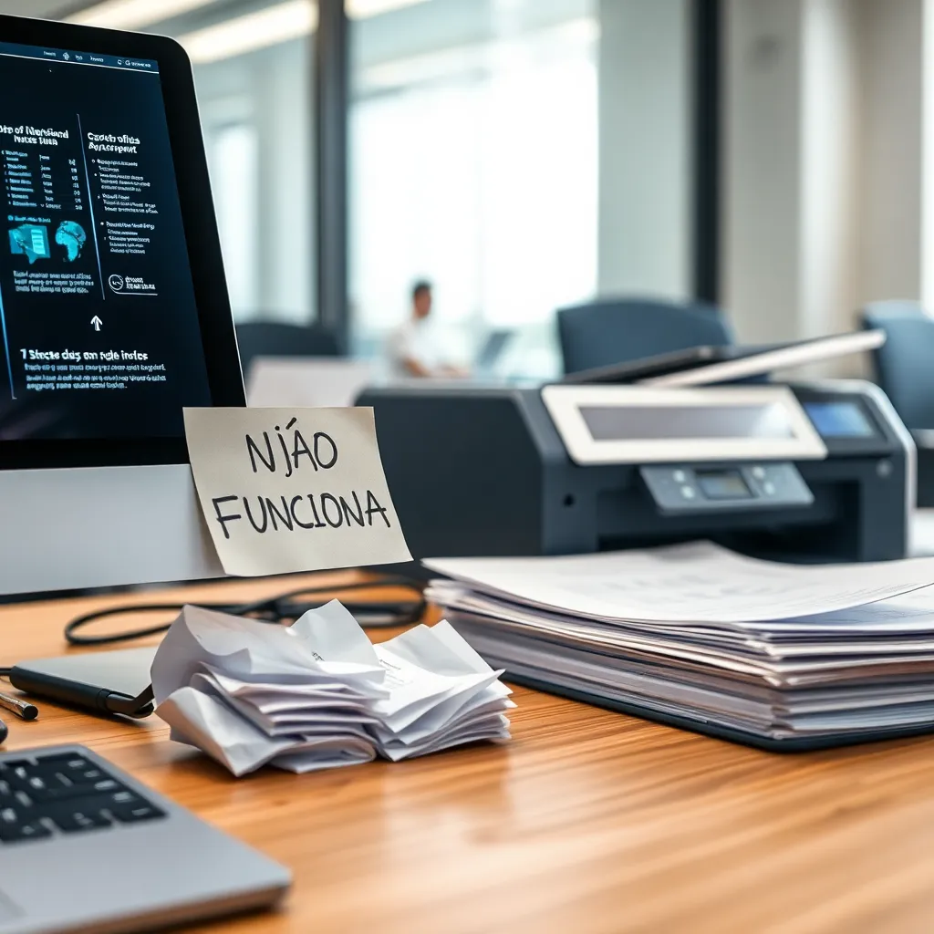 A close-up photo of a modern office desk with a sleek, holographic interface next to a stack of crumpled papers and a printer with a handwritten 'NÃO FUNCIONA' sign taped to it, natural office lighting.