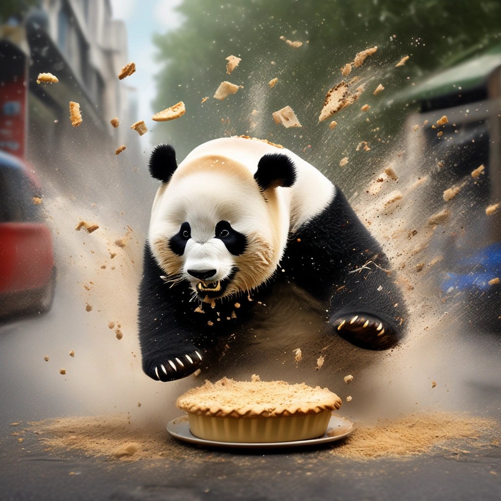Chubby panda devouring pies with astounding speed