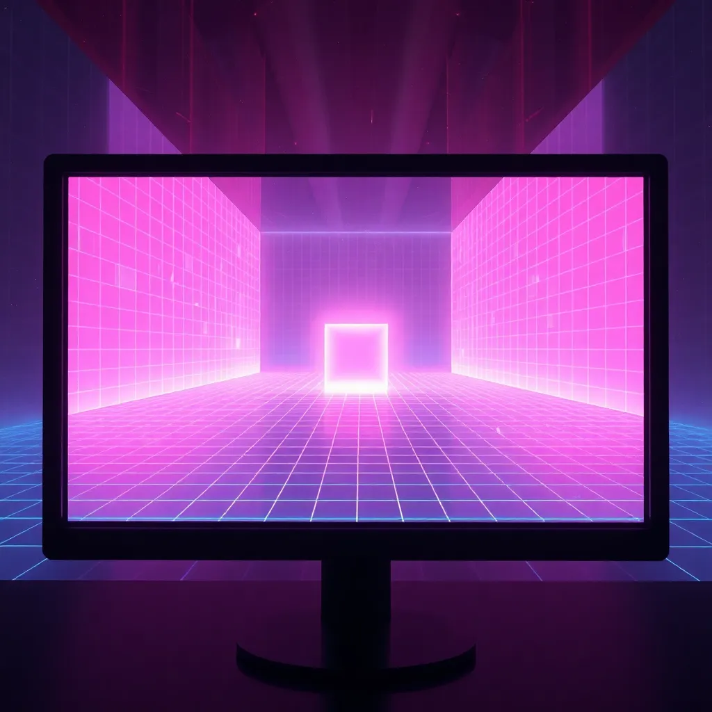 A surreal digital landscape inside a computer monitor showing a perfectly empty 3D grid stretching into infinity, a single glowing cube floating in the center, ethereal light rays, vaporwave aesthetic