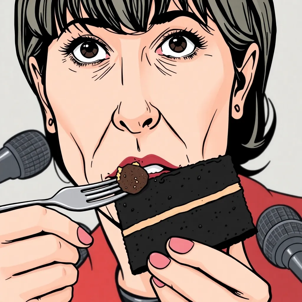 Final beat: the mayor bites the tasteless cake and nods (resolve or adhesive issue)