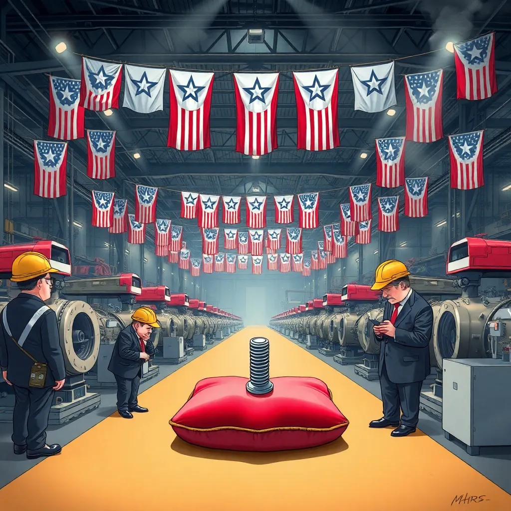 an enormous factory floor where patriotic banners hang over machines stalled for lack of tiny imported parts, executives in hard hats studying a single missing bolt on a velvet cushion, dramatic industrial lighting, smoky air, detailed satirical news illustration