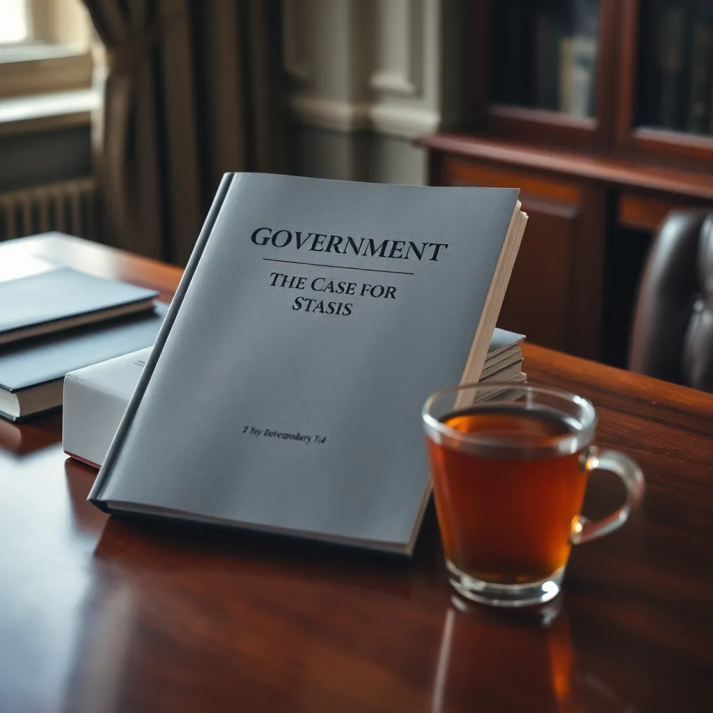 A thick, grey government report titled 'The Case for Stasis' sitting on a mahogany desk next to a cold cup of tea, official government seal visible, soft office lighting, high-resolution documentary photography.