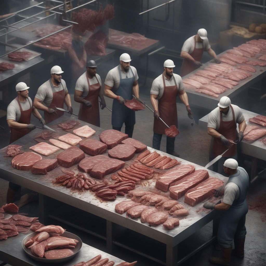 a diverse group of meat cutters, including little people, working together in harmony, high quality, extremely detailed, realistic, industrial setting, teamwork, collaboration