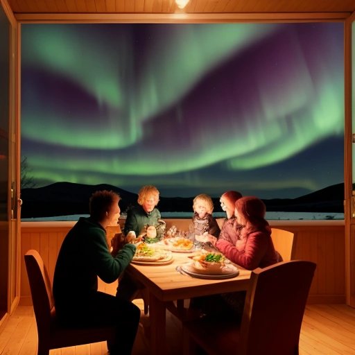 Family enjoying Aurora Borealis in the kitchen